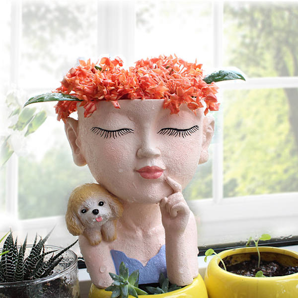 Valp Flicka Blomma Kruka Dopp Creative Resin Multi-kött Kruka