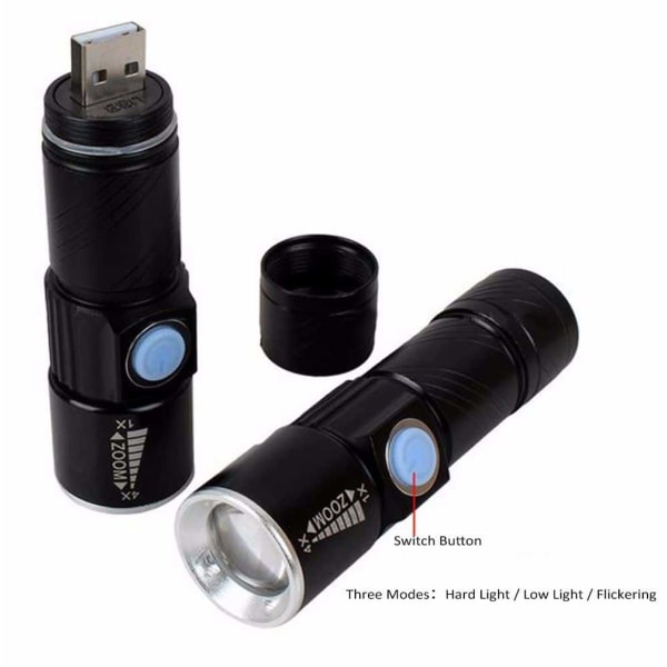 USB mini ficklampa i aluminiumlegering LED starkt ljus uppladdningsbar ficklampa (svart)
