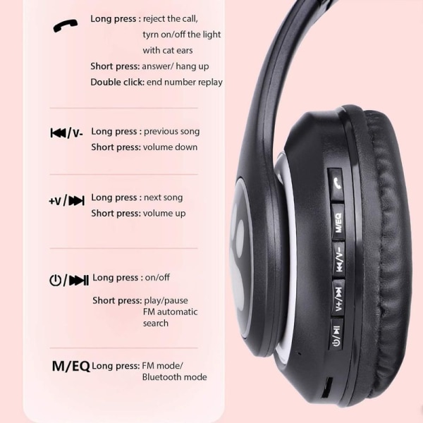 Vackert stereospelheadset med mikrofon, kattöron, cool svart