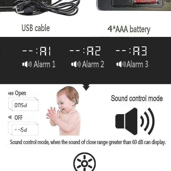 Röstyrstyrd LED-träklocka med USB/AAA-strömförsörjning och digital design
