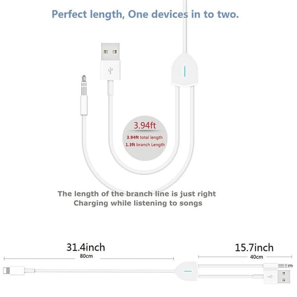 Aux-kabel, Lightning til 3,5 mm AUX-kabel, 2-i-1 lydopladningskabel