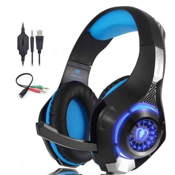 Headset med mikrofon til PS4 Xbox One, Surround Sound Sort Blå