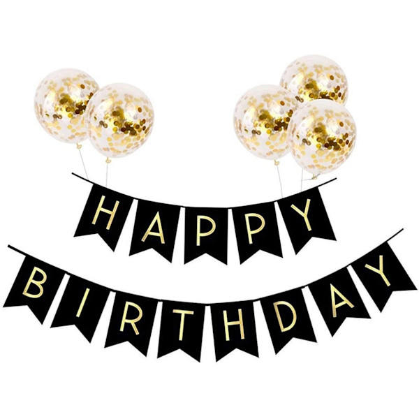 Onnellista syntymäpäivää syntymäpäiväilmapallot ja 5 kpl konfettipalloa, Onnellista syntymäpäivää banneri tyttö poika helium syntymäpäiväjuhlan koristelu (musta banneri)