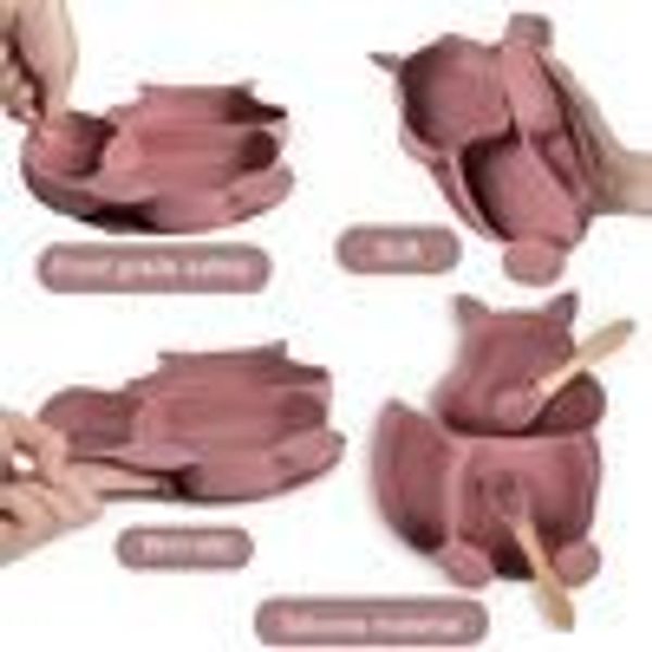 Barnebestek, barnetallerken, babytallerken, silikontallerken for småbarn, gaffel,