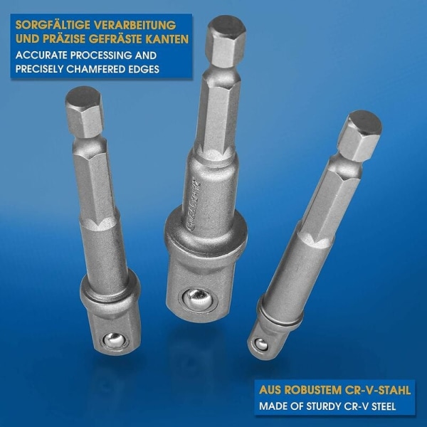 S&R Socket Holder Adapters på boremaskine Slagværktøjer. Sæt med 3 firkantede chuckadaptere 1/4\", 1/2\", 3/8\" i kromvanadium (Lysegrå) KLB