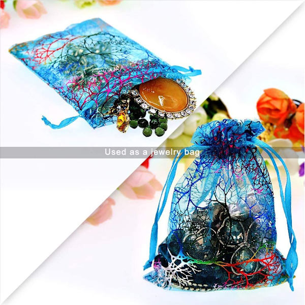 100 stk. Blå Organza Poser med Snørelukning, Smykkeposer, Coralline Mønster Slik Chokolade Julefest Bryllup Gunst Gaveposer, 3,5x4,7 tommer