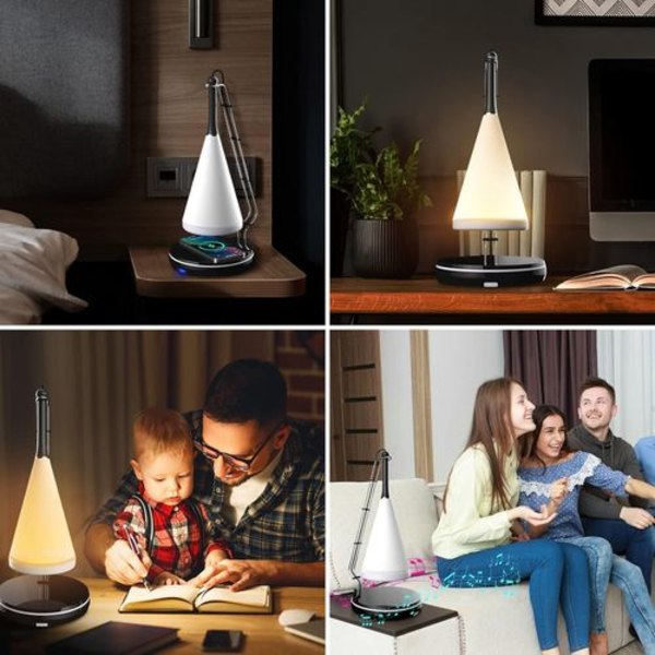 Bordlampe med Bluetooth-høyttaler: LED nattlampe med trådløs lading