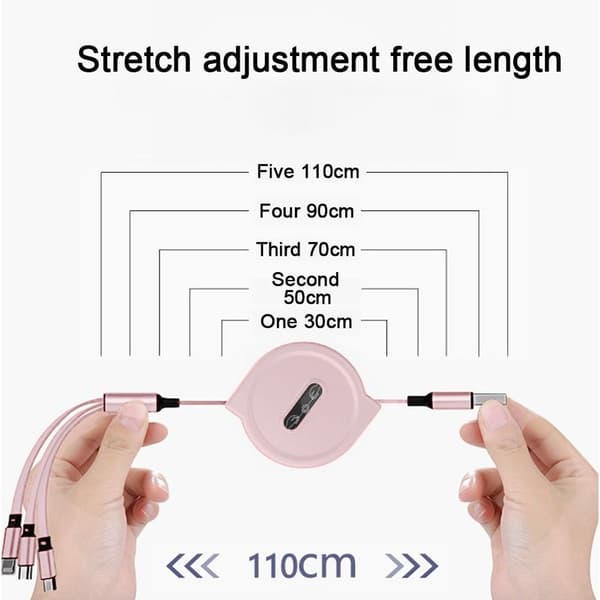 3-i-1 Teleskopisk Ladingskabel for Apple Android Rosa
