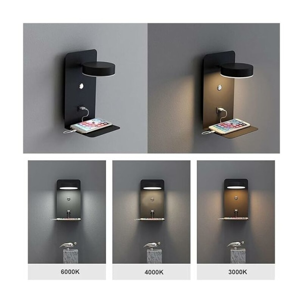 Inomhus LED-vägglampa med strömbrytare och USB-gränssnitt, 12W - Dimbar trefärgs sänglampa, 90° justerbar väggläslampa med bricka - Svart KLB