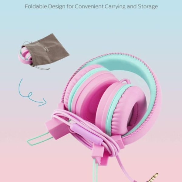 Hodetelefoner for barn - sammenleggbar flokefri stereo 3,5 mm jack rosa