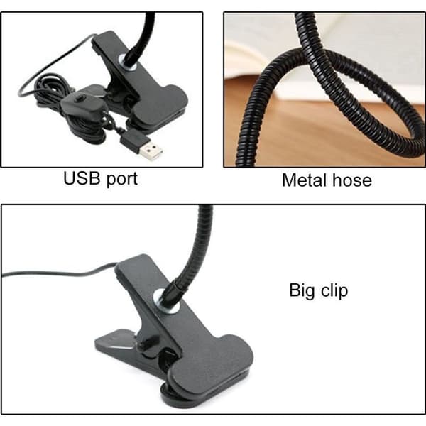 USB boglampe: klipsdesign, 3 farvetilstande til nattelæsere (sort)