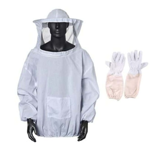 Smockdräkt Skyddsutrustning med Hatt Professionell Anti-Bi för Biodling Biodlare Vit Bi-Jacka Vit Canvas Fårskinn Handskar Set om 2