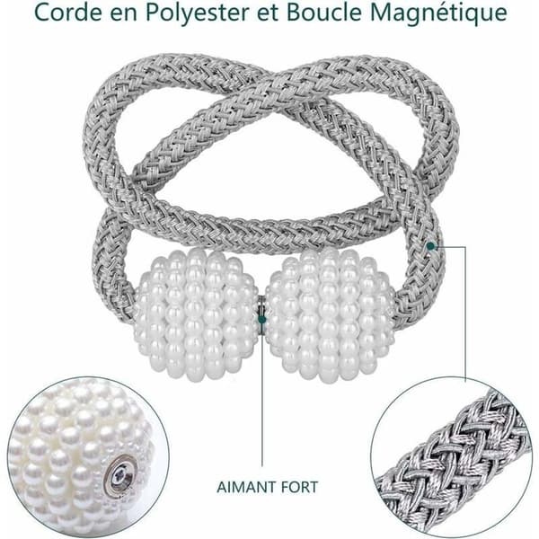 Magnetiske gardinholdere, kunstige perler, sæt med 2 (grå)