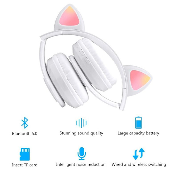 Bluetooth-hörlurar med kattöron, spelheadset med LED-ljus för