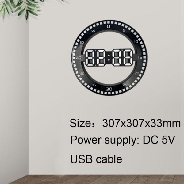 3D veggklokke for stue - Stor skjerm elektronisk LED-klokke - Sekundlys