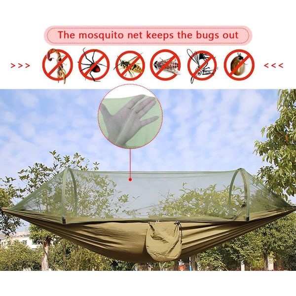 Camping hængekøje med myggenet, 1-2 personer, bærbar og letvægts, pop-up faldskærm til udendørs eller camping, rejser, strand (250x120 cm/Army Green)