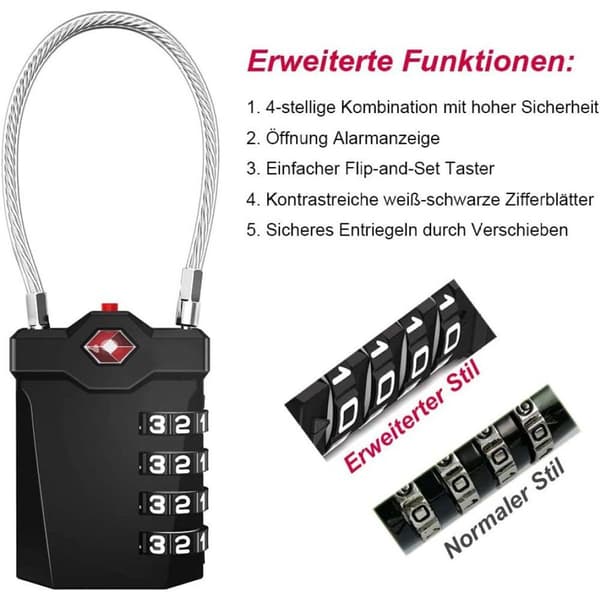 TSA bagagelås, 4-cifret, kuffert kombinationslås, numerisk kode med