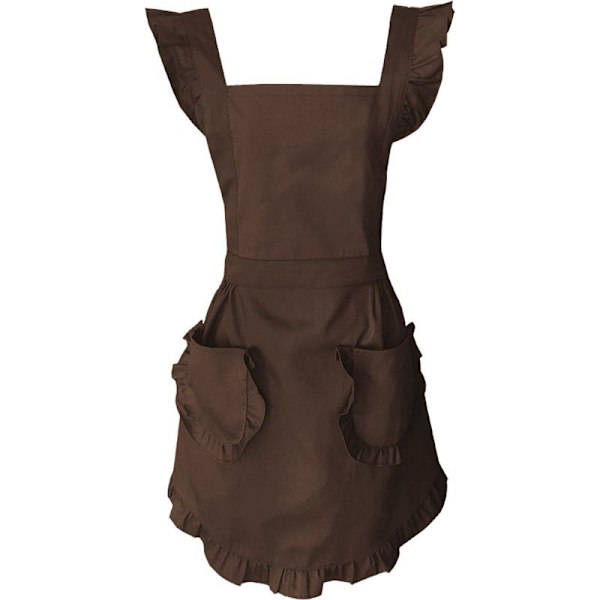 Justerbar retro volangförkläde med fickor, storlek S till plus size, brun