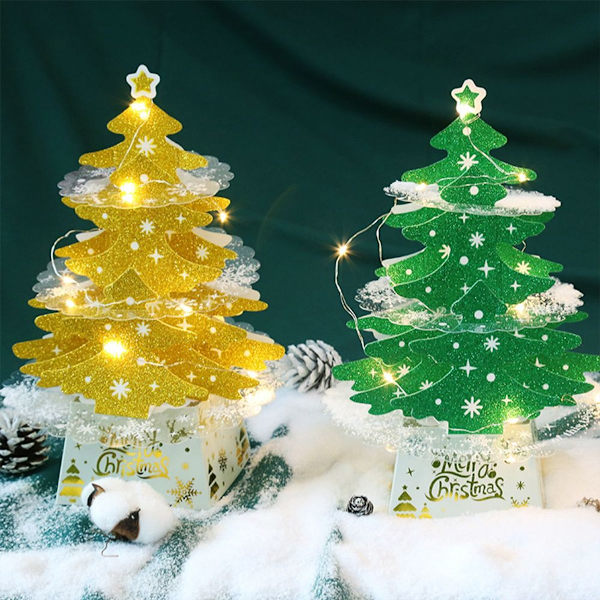 Julepynt, mini skrivebords julekort ornament, gyldent varmt lys KLB