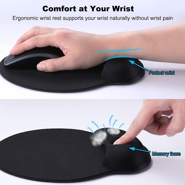 Ergonomisk svart musmatta med handledsstöd för dator,