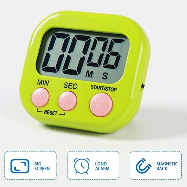 Magnetisk kökstimer med stor grön LCD-skärm, timers för matlagning, studier, högt larm och nedräkning -