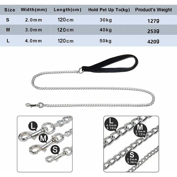 Robust hundekjede i stål med PU-håndtak, 120 cm