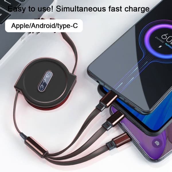 3 i 1 Teleskopisk ladekabel for Apple Android Svart