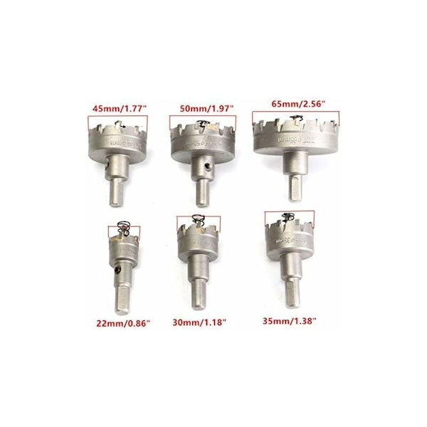 6 kpl HSS TCT -ketjusaha teräporanterät, kovametallinen reikäavain, 22-65 mm KLB