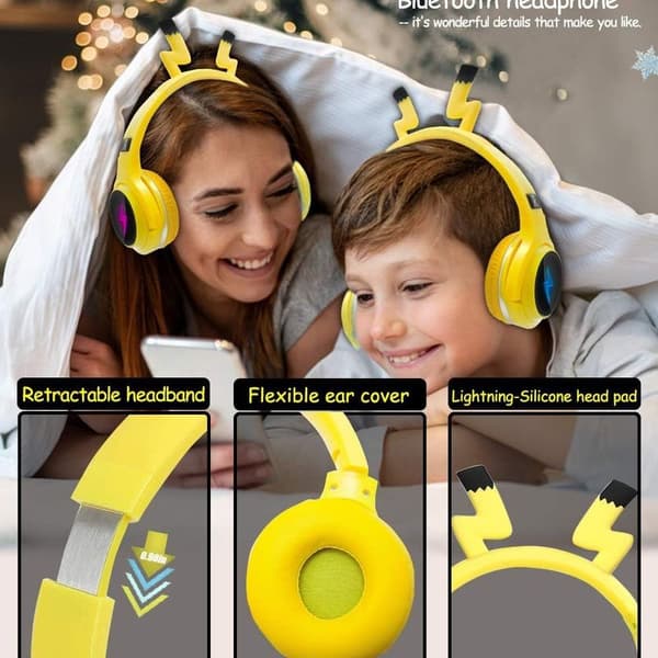 Barnehodetelefoner med mikrofon, LED-lys, Pikachu gul