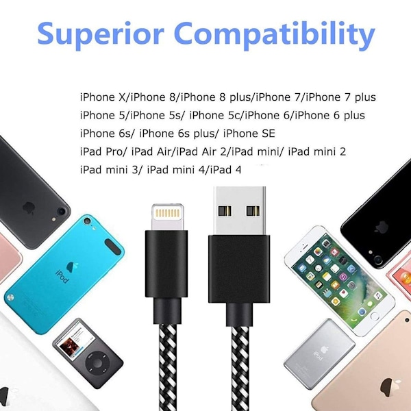 Paket med iPhone-laddningskabel 3ft/6ft/10ft flätad nylon snabb USB KLB