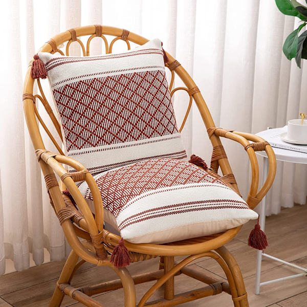 Sett med 2 45 x 45 cm, Rød og hvit moderne bohemsk firkantet putetrekk Jacquard vevd dekorativt putevar for stue sofa soverom