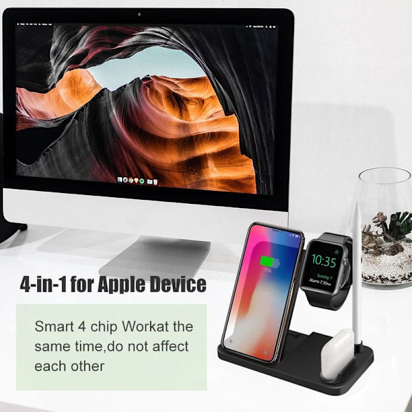 4-i-1 trådlös laddare, trådlös laddningsstation laddningsstation för Apple