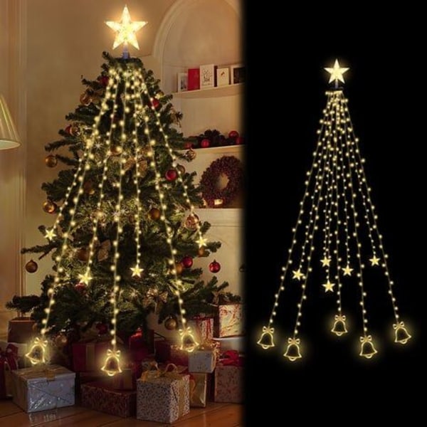 LED juletræslys guirlande 200 LEDs 2m Udendørs juleguirlande med stjernering Klokker Varm hvid
