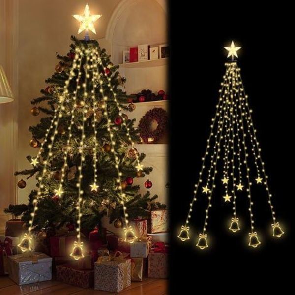 LED julgransljus ljusslinga 200 LED 2m Utomhus julgransljusslinga med stjärnring Klockor Varmvit