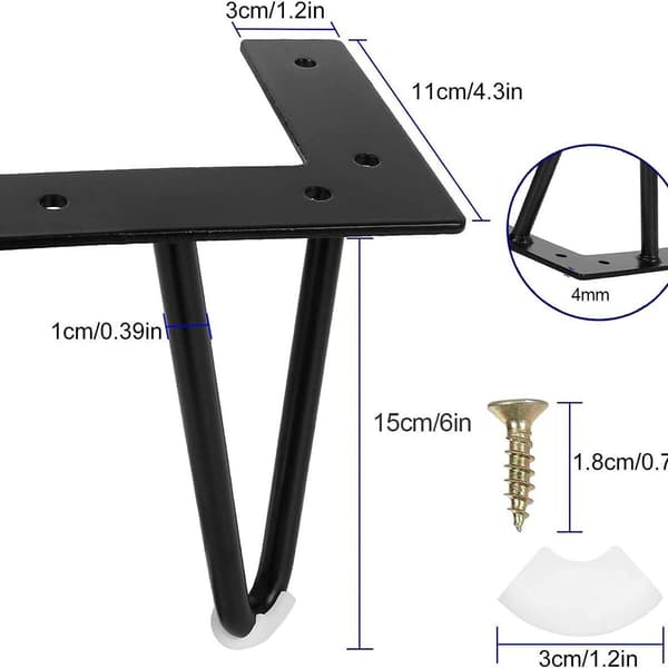 Set med 4 industriella soffbordsben, hårnålsben 15 cm, hårnålsben, smed