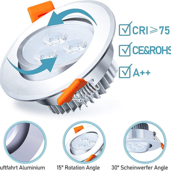Pakke med 20 LED indbyggede spotlights 3W koldt hvidt 6000K 245LM KLB