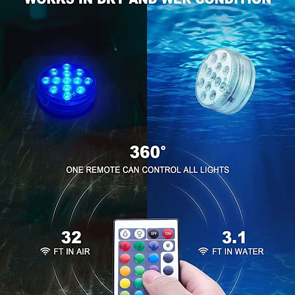 LED dykkerlys, 16 farger undervannslys, 13 LED-perler bassenglys med RF-fjernkontroll