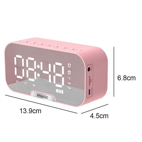 Trådlös Bluetooth-högtalare Spegelklocka Mini Väckarklocka Rosa