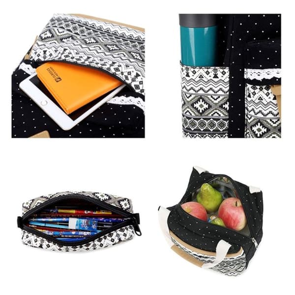 Sæt med 3 1905-1 Polka Dot Canvas Rygsæk Studerende Skole Taske (Sort)