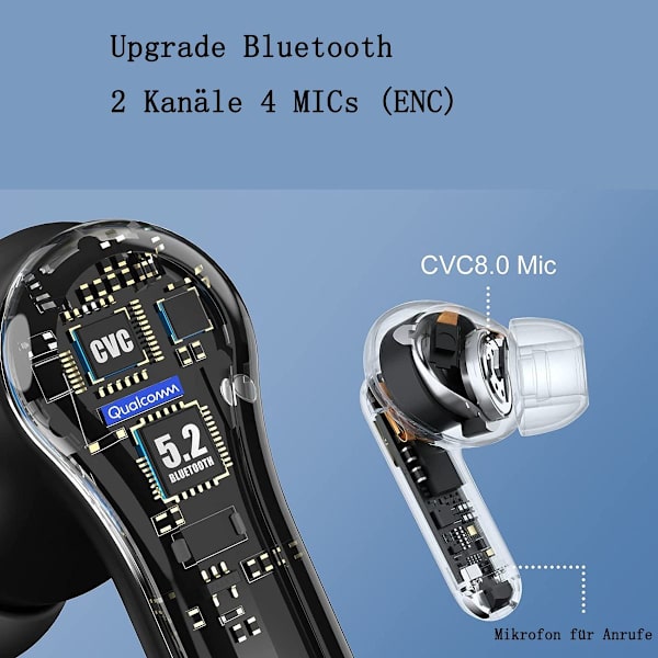 Trådløse Bluetooth-hovedtelefoner in-ear med 4 HD-mikrofoner, Hifi stereo trådløs