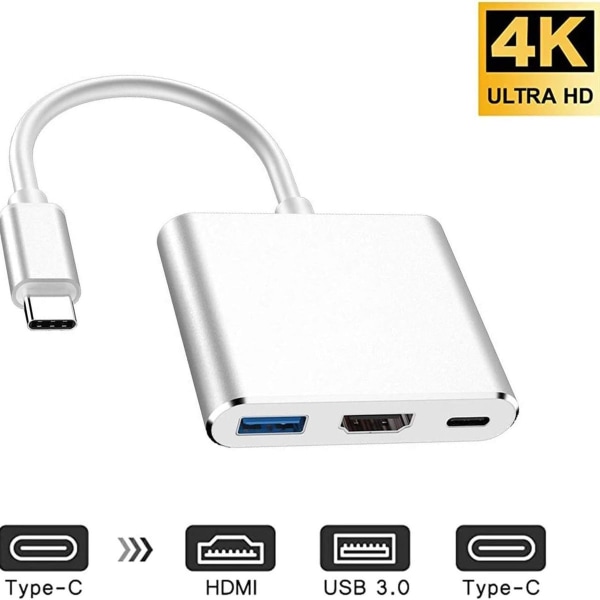 USB-C til HDMI-adapter (støtter 4K/30Hz) - Type-C 3-i-1-konverterkabel KLB