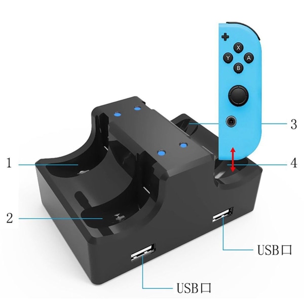 Nintendo Switch-lader med håndtak ladestasjon - 4 i 1, USB-kabel, 2 USB-porter KLB