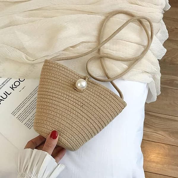 Halm Väska Casual Mini Halm Pärla Messenger Axel Sommar Strand