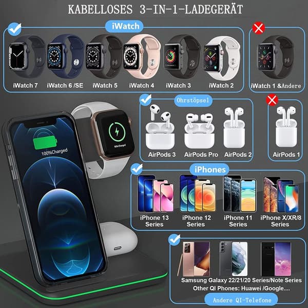 3 i 1 trådløs lader, trådløs lader kompatibel med iPhone 13 12