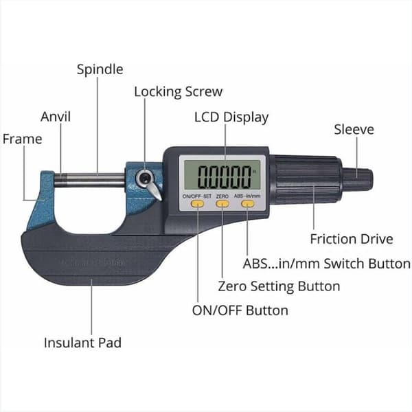 LCD digital mikrometer, 0-25 mm, opløsning 0,001 mm, automatisk stop, ABS + rustfrit stål