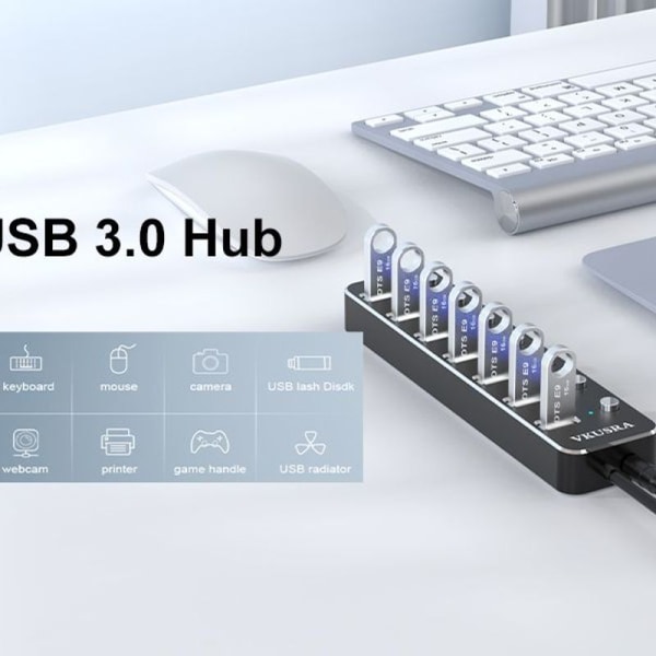 USB 3.0-hubb, 7-portars USB hubb USB adapter med power på/av