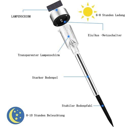 Sett med 12 LED solcellelamper i rustfritt stål