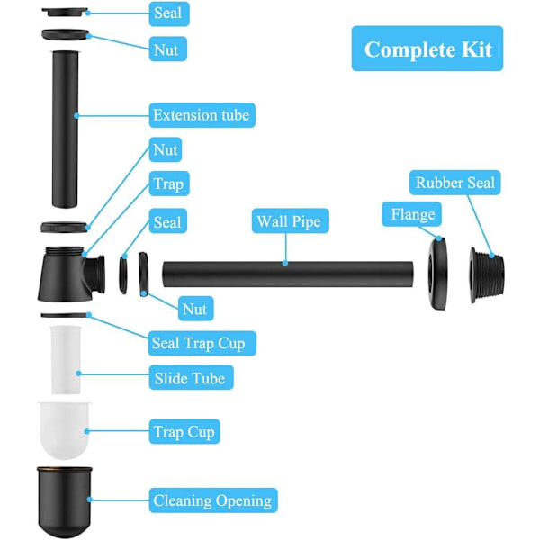 Allas Siphon, Keymark Universal Siphon 200mm Dip Tube, 1 1/4x32mm Säädettävä Sifon Anti Odor vuototiivis, Premium Allas Viemäri Seinämalli Musta