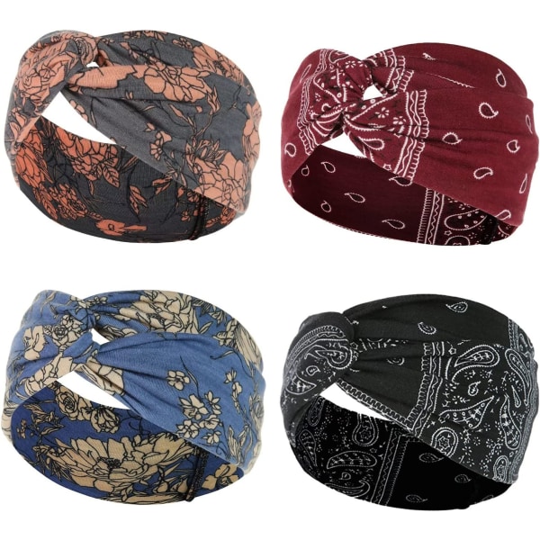 Boho Hårbånd, Elastisk Turban Hårbånd Knutede Hårbånd Hårtilbehør, Brede Hårbånd for Kvinner og Jenter Yoga Sports Hårbånd - 4 Stykker