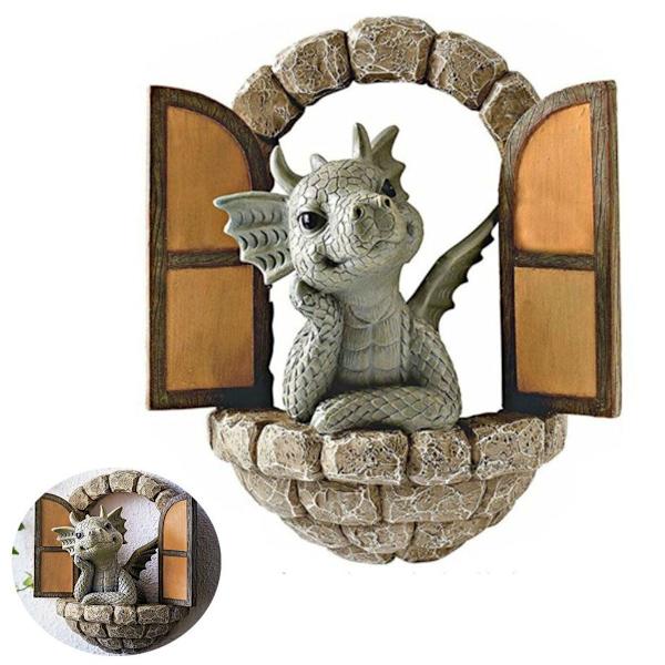 Solig dekorativ drakstaty, drakefigurer dekoration, drakskulptur trädgård, KLB